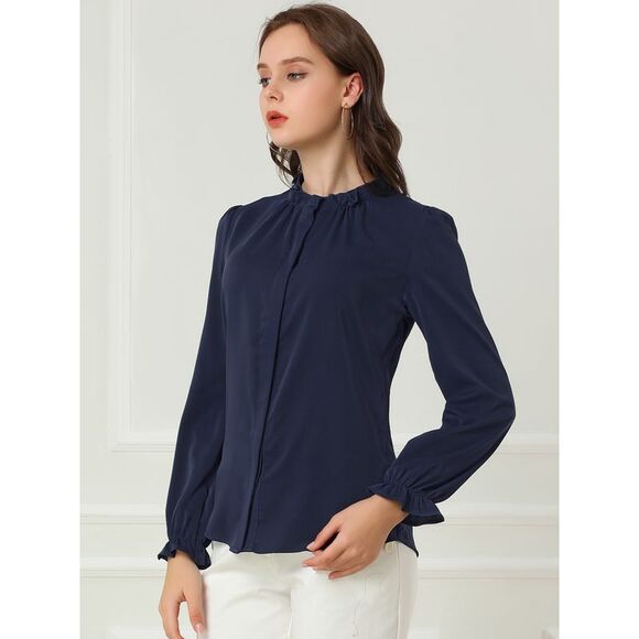 Workwear Blouse Button Up Ruffle Collar Long Sleeve Chiffon Shirt Navy Blue - Picture 4 of 6